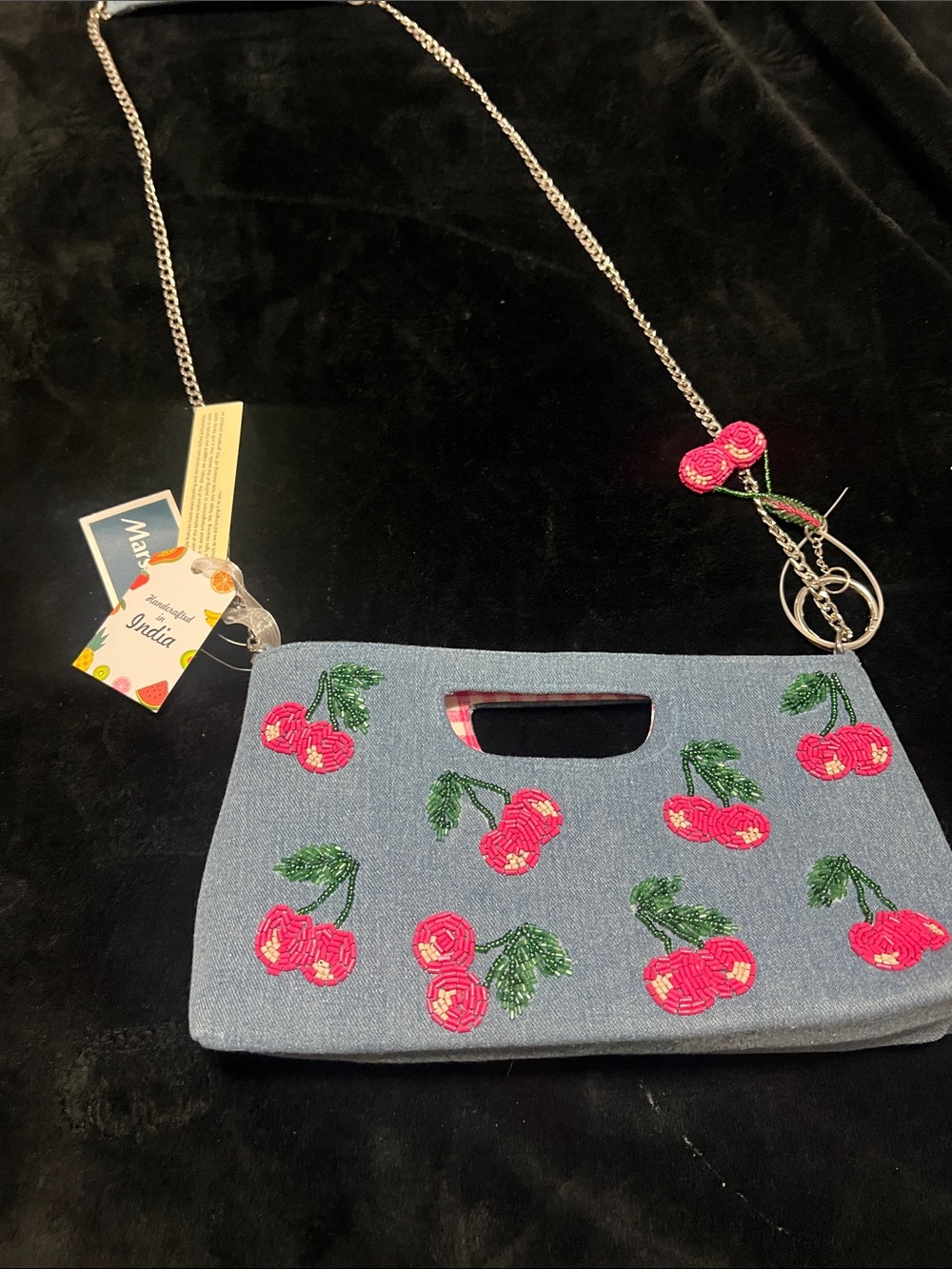 Beaded Cherry Embroidered Denim Clutch with Chain Strap